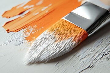 Fototapeta premium Orange paint being spread with a brush on white canvas