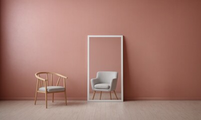 A modern living room with matching furniture theme set and decorative items 3d illustration. An empty wall and art frame mock-up template on the wall.