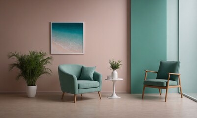 A modern living room with matching furniture theme set and decorative items 3d illustration. An empty wall and art frame mock-up template on the wall.