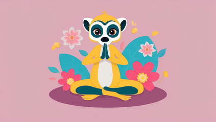 Fototapeta premium cute cartoon lemur in yoga pose , flowers, flat design illustration