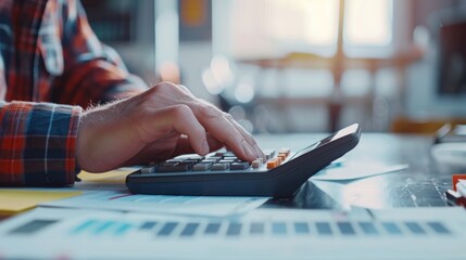 Calculating final grades  a hand using a calculator amidst papers in a bright modern office