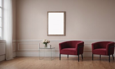 A modern living room with matching furniture theme set and decorative items 3d illustration. An empty wall and art frame mock-up template on the wall.