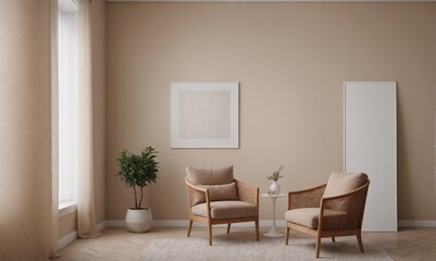 A modern living room with matching furniture theme set and decorative items 3d illustration. An empty wall and art frame mock-up template on the wall.