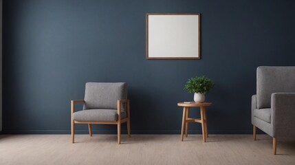A modern living room with matching furniture theme set and decorative items 3d illustration. An empty wall and art frame mock-up template on the wall.