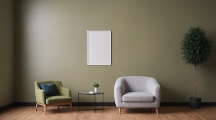 A modern living room with matching furniture theme set and decorative items 3d illustration. An empty wall and art frame mock-up template on the wall.