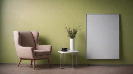 A modern living room with matching furniture theme set and decorative items 3d illustration. An empty wall and art frame mock-up template on the wall.