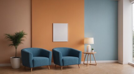 A modern living room with matching furniture theme set and decorative items 3d illustration. An empty wall and art frame mock-up template on the wall.