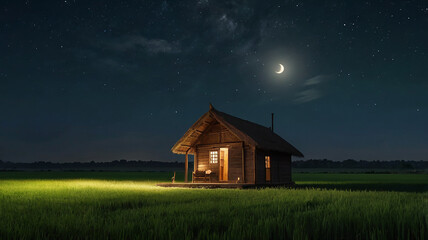 A beautifull wooden hut in the crops in moont night and window warm lights reflaction out side the hut, 
