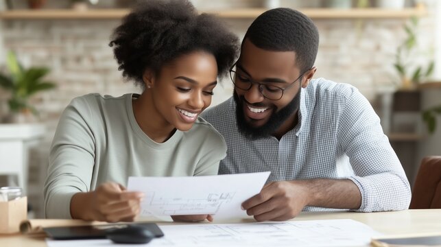 Couple enjoys a creative brainstorming session together at home while reviewing documents in a cozy living room - Powered by Adobe