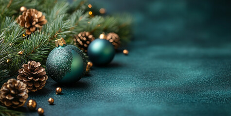 A green and gold Christmas tree with a blue ornament and pine cones