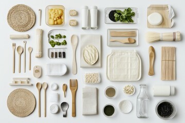A creative arrangement of various kitchen ingredients and utensils on a white background in natural light