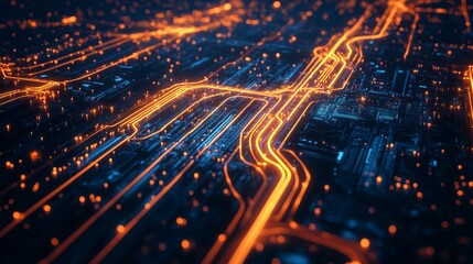 Abstract Futuristic City Map with Glowing Lines and Lights. AI generated illustration.