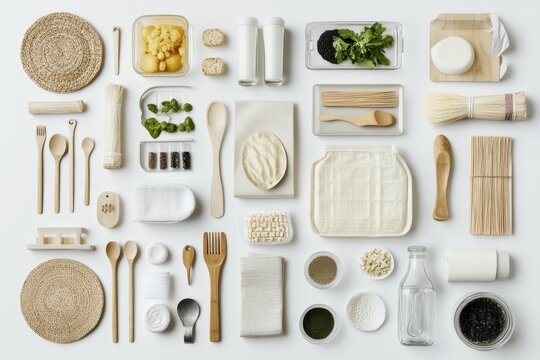 A creative arrangement of various kitchen ingredients and utensils on a white background in natural light