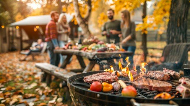 Outdoor barbecue gathering with diverse group of friends enjoying grilled meats and vegetables in an autumn park. Concept of fall picnic, socializing, outdoor cooking, and friendship