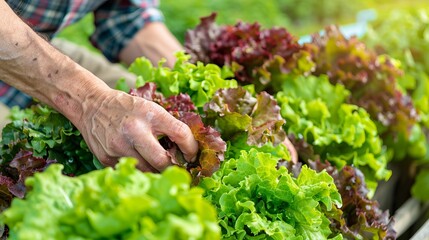 Elderly Farmer Picking Fresh Green and Red Lettuce in a Garden. Concept of Agriculture, Organic Farming, Harvesting Vegetables, Sustainable Food Production