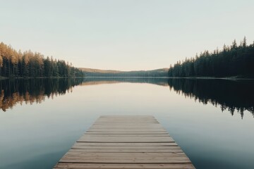 Serene morning at a tranquil lake with a wooden dock surrounded by tall evergreen trees