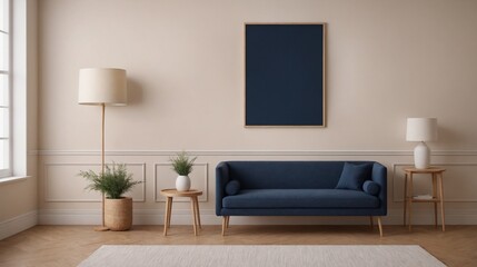 A modern living room with furniture and decorative items 3d illustration. An empty wall art frame mock-up template on the wall.