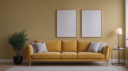 A modern living room with furniture and decorative items 3d illustration. An empty wall art frame mock-up template on the wall.