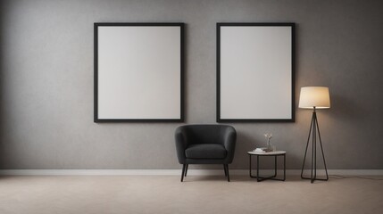 A modern living room with furniture and decorative items 3d illustration. An empty wall art frame mock-up template on the wall.