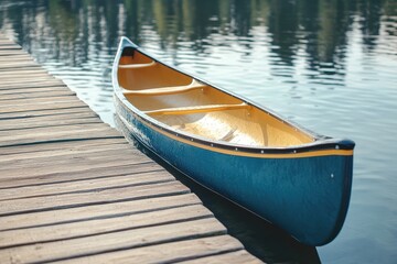 Obraz premium A bright blue canoe rests along a wooden dock by the serene waters of a tranquil lake during midday