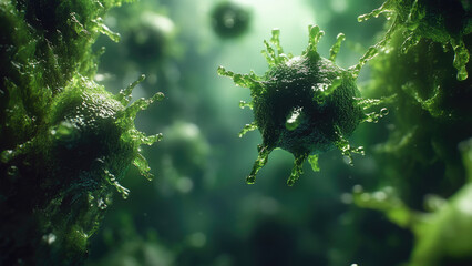 Green virus particles floating under a microscope view