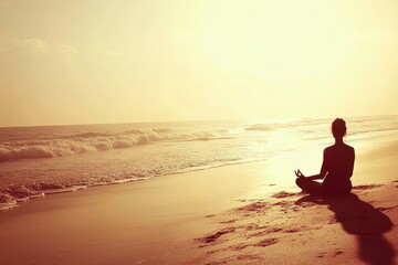 Fototapeta premium A serene sunset meditation on the beach, capturing peace near the gentle waves of the ocean