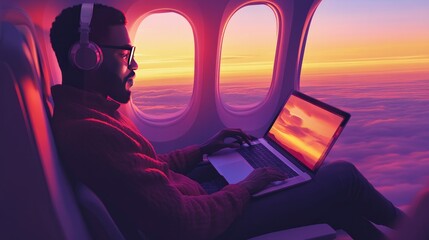 A freelance African American working on a laptop while flying to an exotic location for business. A young man traveling by flight in economy class.
