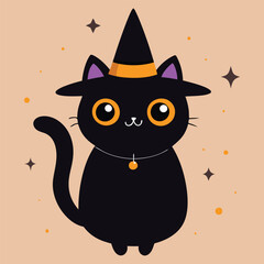 Halloween Cat Vector Art, Halloween Clipart, Cat with Halloween Hat Vector Icon Sticker Illustration