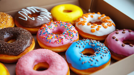 Sweet donuts of different bright colors lie in a box