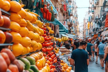 Lively market bustling with fresh fruits and vegetables in a vibrant urban setting during daytime