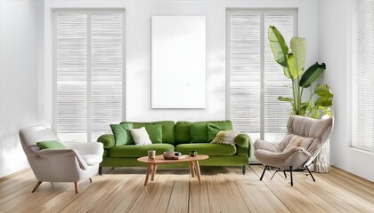 modern boho style lining room with white and beige colors with green sofa, wooden floor and blank canvas, ai generated