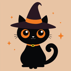 Halloween Cat Vector Art, Halloween Clipart, Cat with Halloween Hat Vector Icon Sticker Illustration
