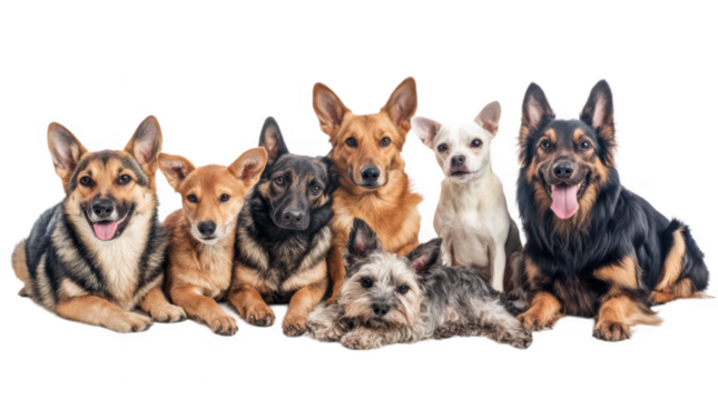 Dog pet group shot transparent collection set in png no background for decoration.