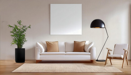 modern lining room with white and beige color with white sofa and chair, black standing light, wooden floor and blank canvas, ai generated