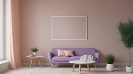 A modern living room with furniture and decorative items 3d illustration. An empty wall art frame mock-up template on the wall.