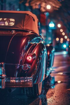 Fototapeta Classic vintage cars bathed in urban night lights creating a timeless automotive scene