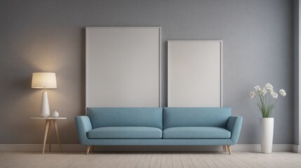 A modern living room with furniture and decorative items 3d illustration. An empty wall art frame mock-up template on the wall.