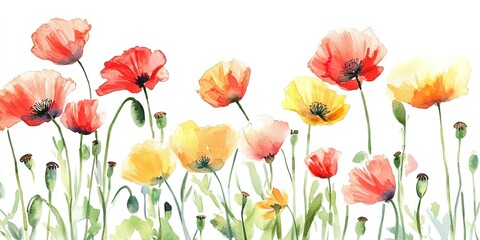 Fototapeta premium Watercolor painting of red and yellow poppies blooming in a field with a white background