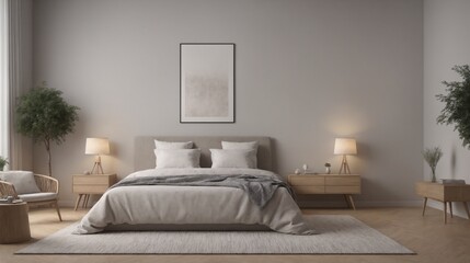 A modern living room with furniture and decorative items 3d illustration. An empty wall art frame mock-up template on the wall.