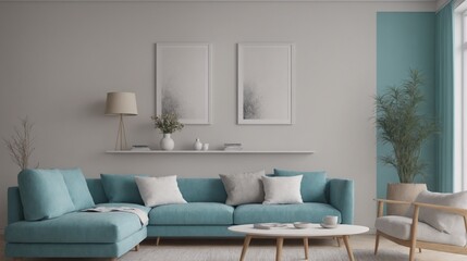 A modern living room with furniture and decorative items 3d illustration. An empty wall art frame mock-up template on the wall.