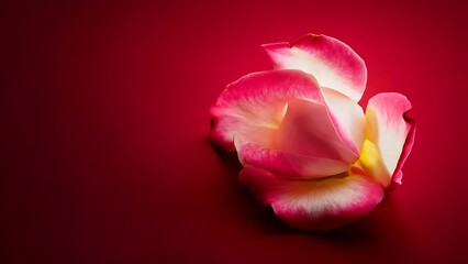 Pink and white rose petal on red background
