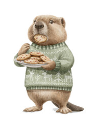 Watercolor Christmas vintage cute little beaver in green sweater clothes holds plate and eats cookies isolated on white background. Hand drawn illustration sketch © Mimomy