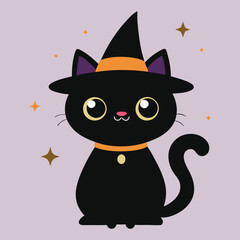 Halloween Cat Vector Art, Halloween Clipart, Cat with Halloween Hat Vector Icon Sticker Illustration