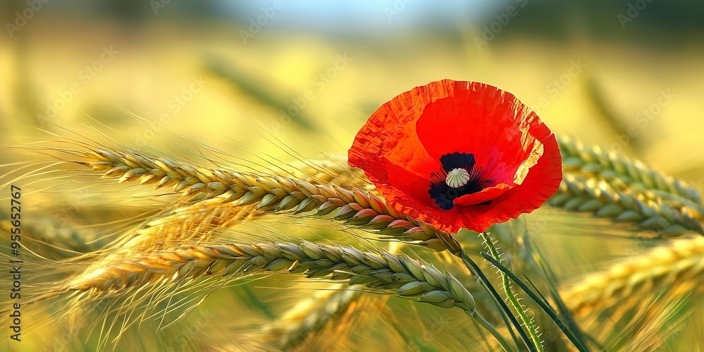 Poster red poppy flower among green wheat ears 