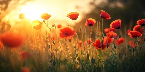 Fototapeta premium Beautiful meadow with red poppy flowers in the sunset light