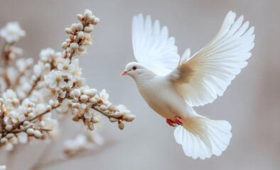 Obraz premium A white dove is flying over a branch with white flowers. Concept of peace and freedom, as the bird soars through the air with grace and ease. Dove of peace
