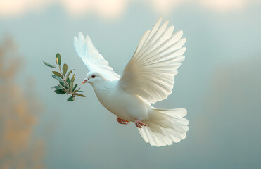 A white dove is flying with a leaf in its beak. Concept of peace and tranquility, as the dove is a symbol of hope and freedom. Dove of peace
