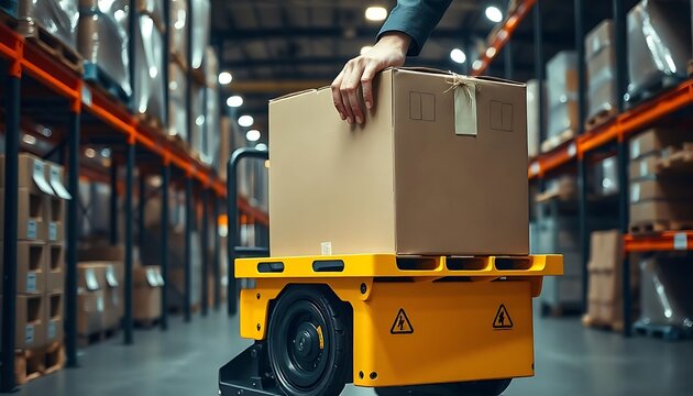 Person's Hand Placing a Box on a Yellow Robotic Cart in a Large Warehouse or Storage Facility for E-Commerce Industry Created with Generative AI