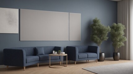 A modern living room with furniture and decorative items 3d illustration. An empty wall art frame mock-up template on the wall.