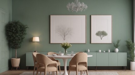 A modern living room with furniture and decorative items 3d illustration. An empty wall art frame mock-up template on the wall.
